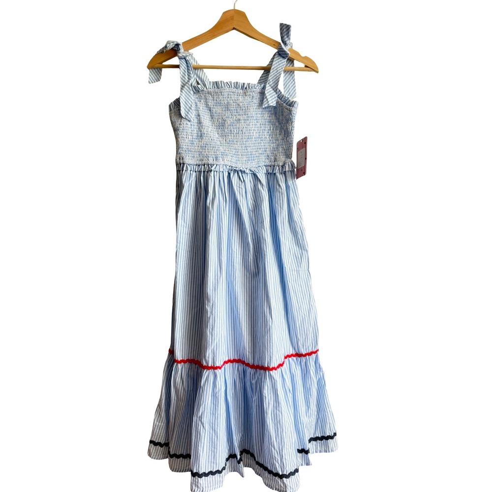 Tommy Bahama Girls Blue White Stripe Smocked Tiered Maxi Dress 100% Cotton SZ 10